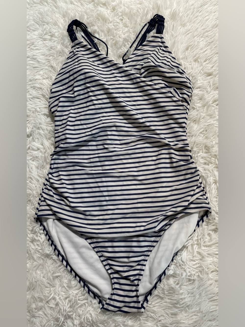 Kona Sol Nautical Beach Resort Macrame One Piece Swimsuit Striped Navy White XL